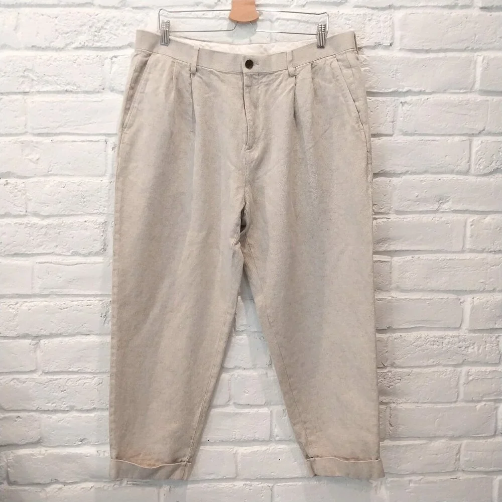 Banana Republic Linen Blend Pants Men 36x26 Beige Herringbone Tweed Relax Cuffed
